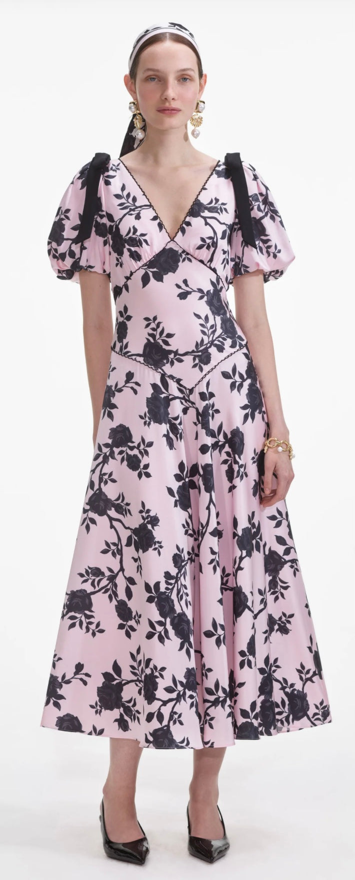 Self Portrait Pink Satin Floral Midi Dress