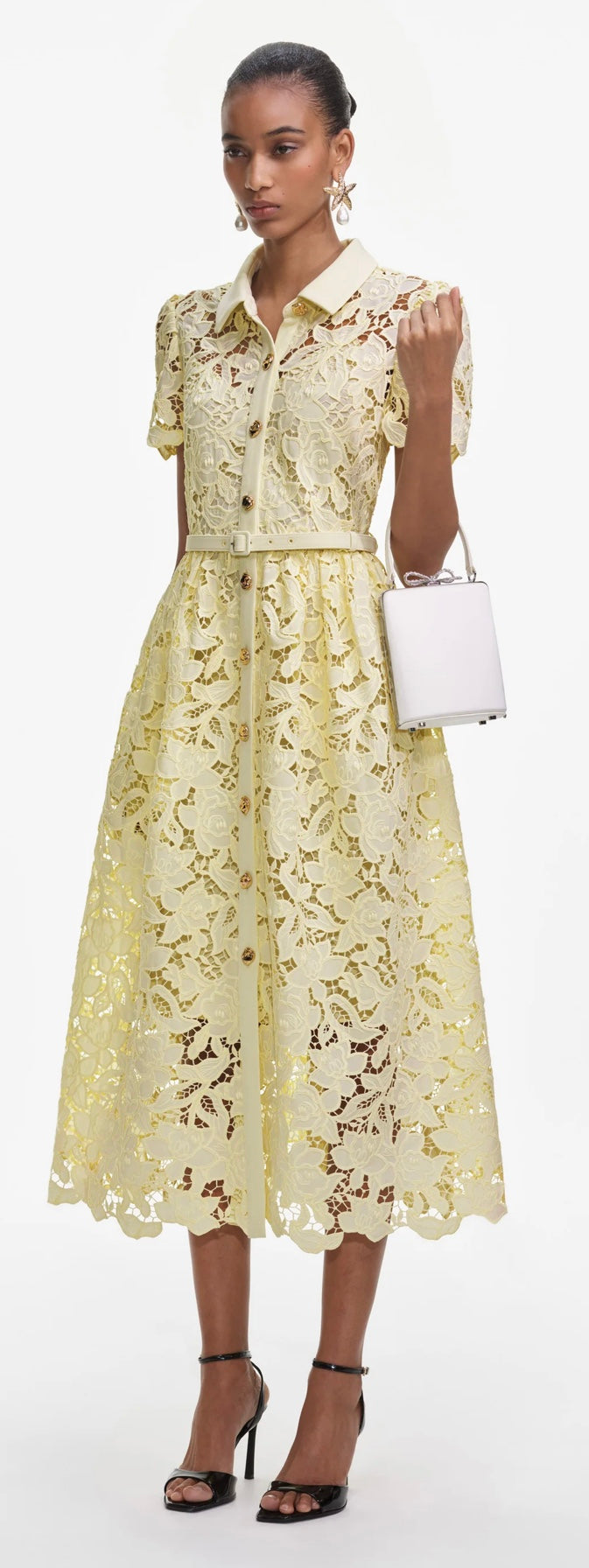 Self Portrait Yellow Lace Collared Midi Dress