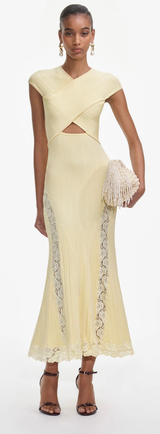 Self Portrait Yellow Knit Lace Insert Midi Dress