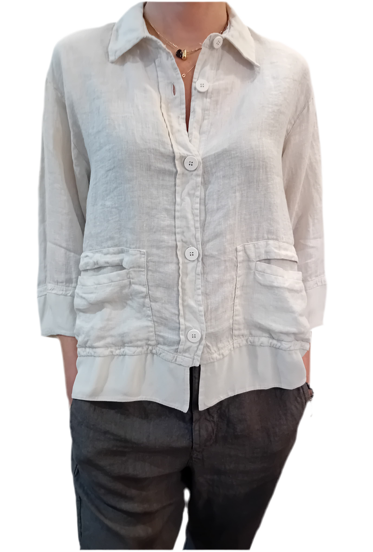 Transit 3/4 sleeve linen jacket with viscose georgette inserts