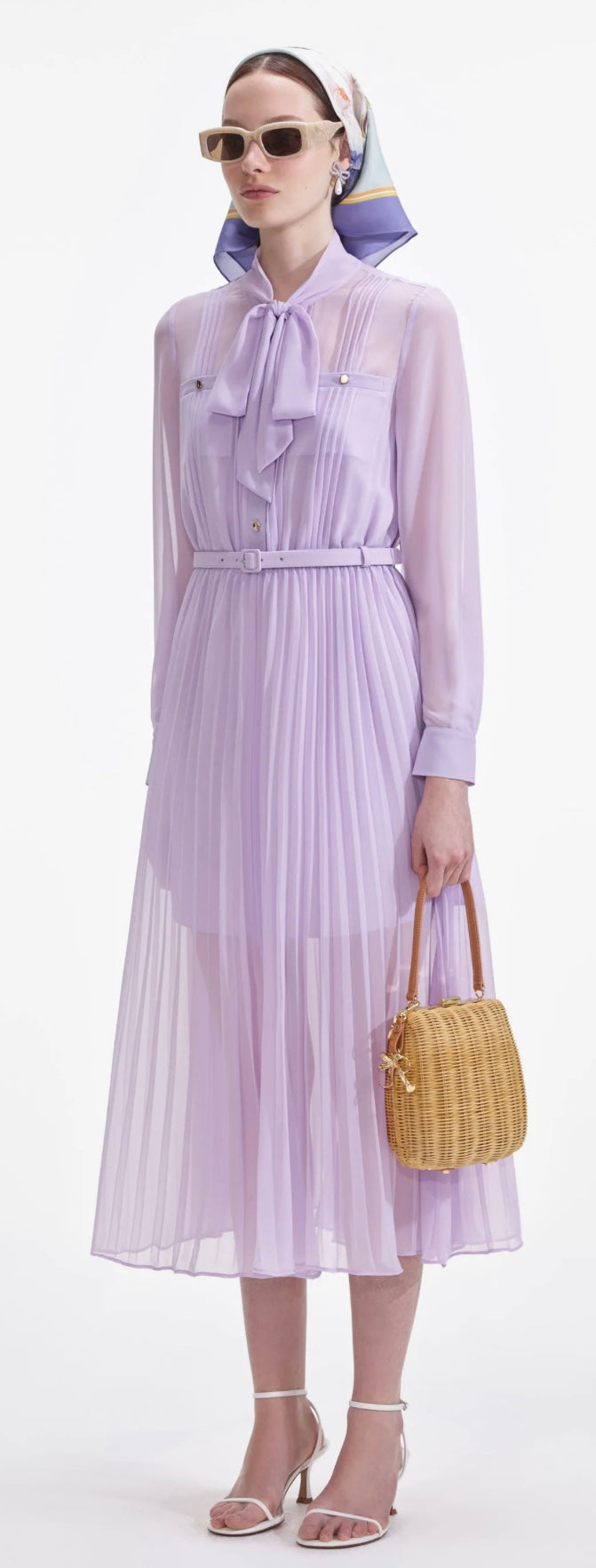 Self Portrait Lilac Chiffon Pussy Bow Midi Dress