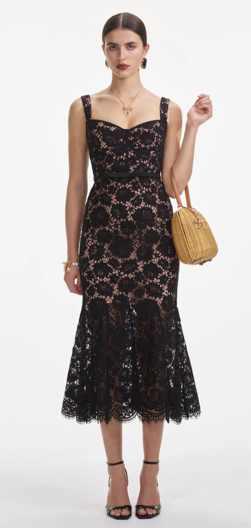 Self Portrait Black Fine Lace Midi Dress