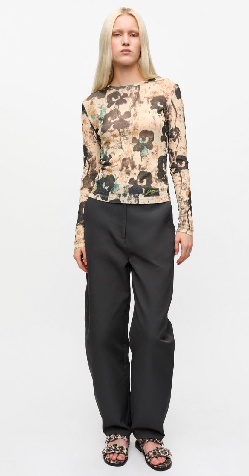 Ganni Printed Marl Mesh Long Sleeve Top