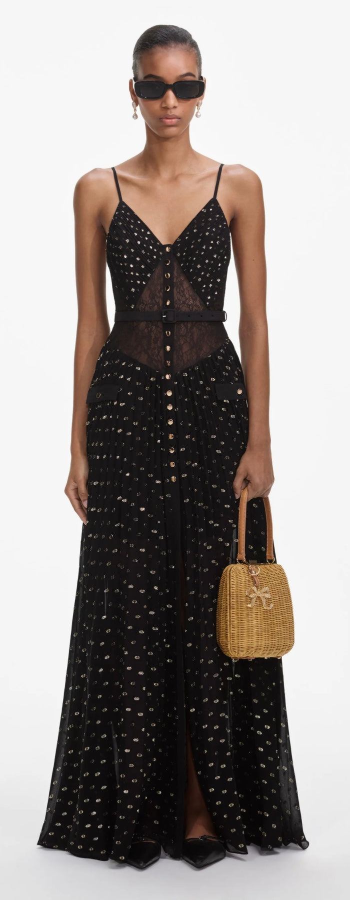 Self Portrait Black and Gold Chiffon Maxi Dress