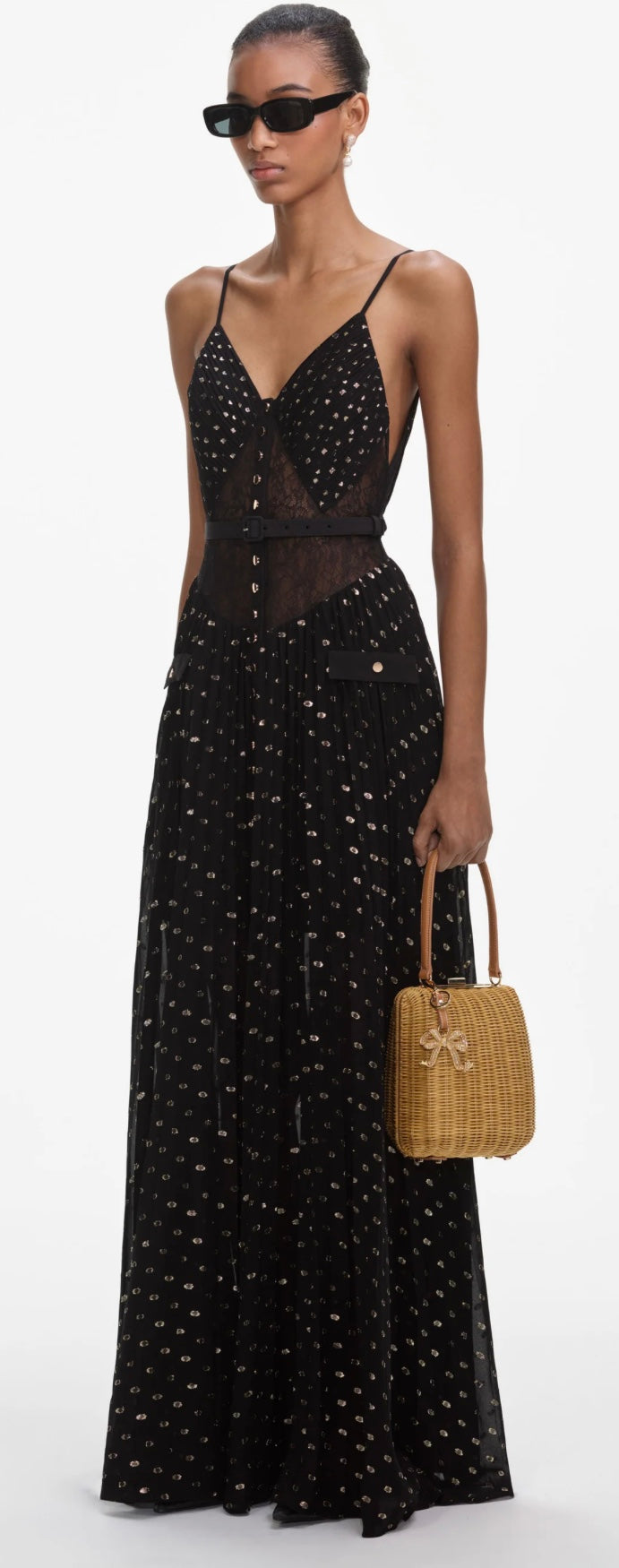 Self Portrait Black and Gold Chiffon Maxi Dress