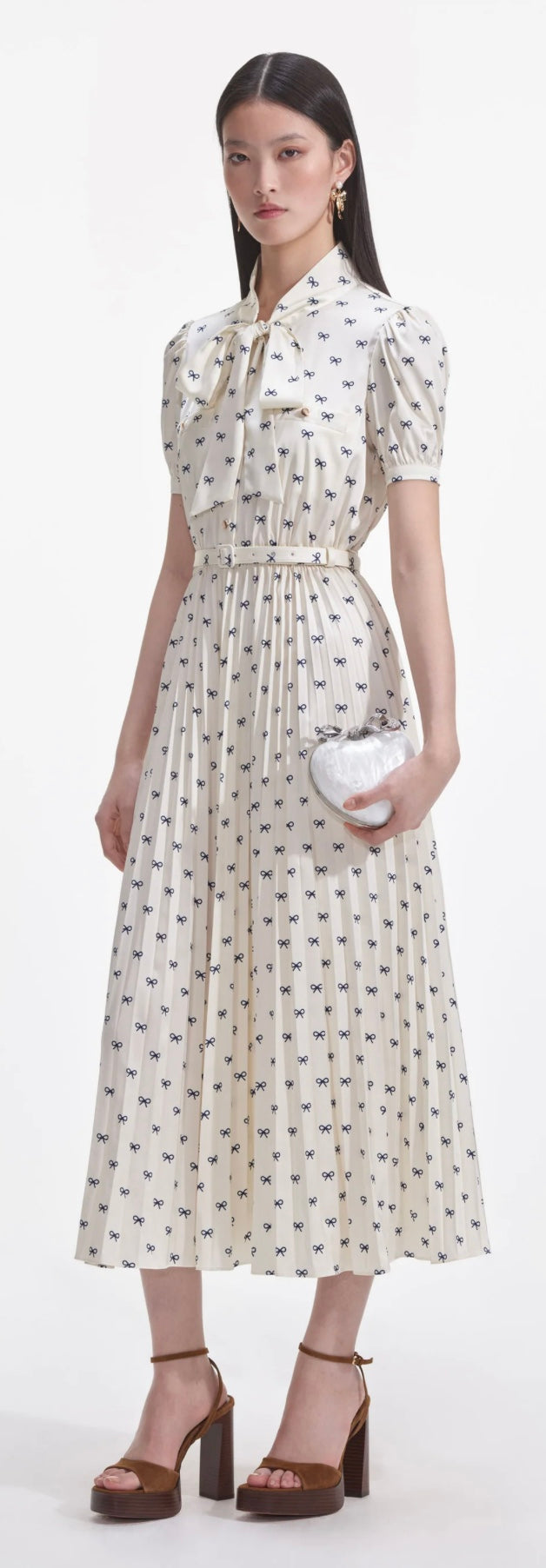 Self Portrait Cream Satin Bow Print Midi Dress