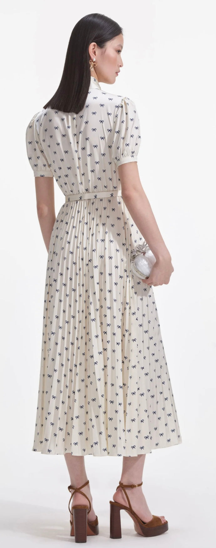 Self Portrait Cream Satin Bow Print Midi Dress