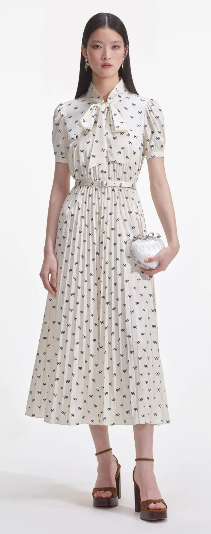 Self Portrait Cream Satin Bow Print Midi Dress