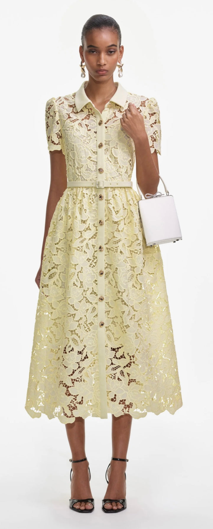 Self Portrait Yellow Lace Collared Midi Dress