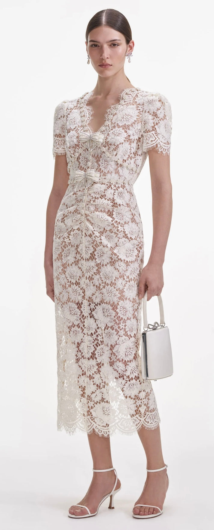 Self Portrait Cream Fine Lace Pearl Midi Dress