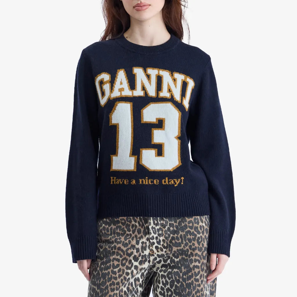 Ganni Graphic Wool Mix Baseball Crewneck