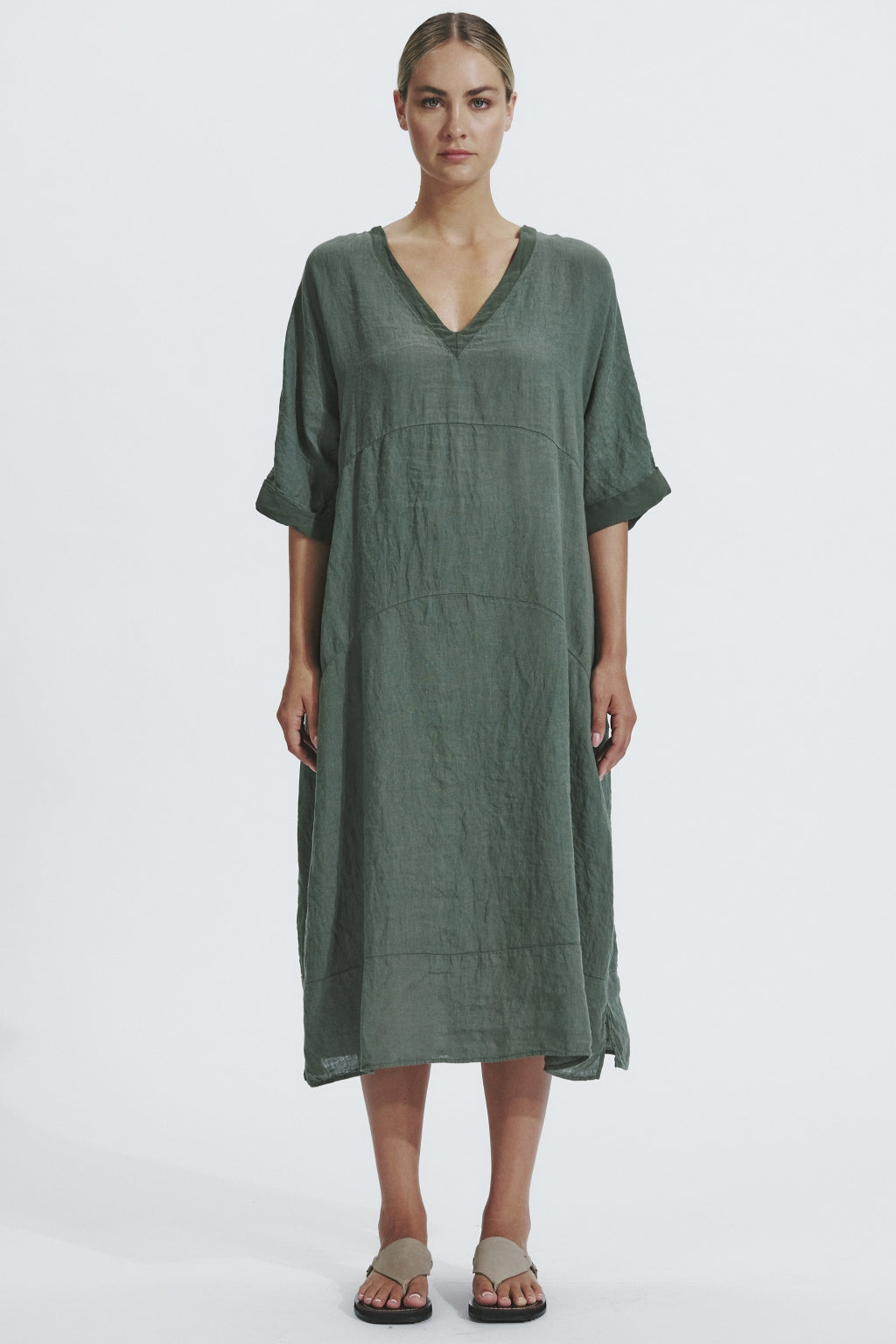 Transit Linen Double V-neck Dress with Kimono Sleeves