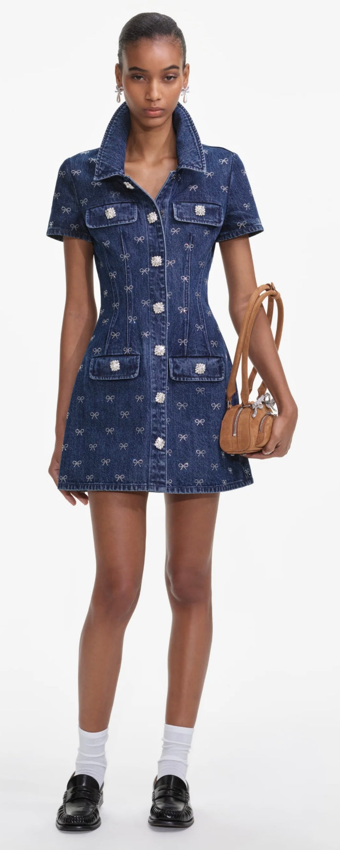 Self Portrait Denim Diamante Bow Mini Dress