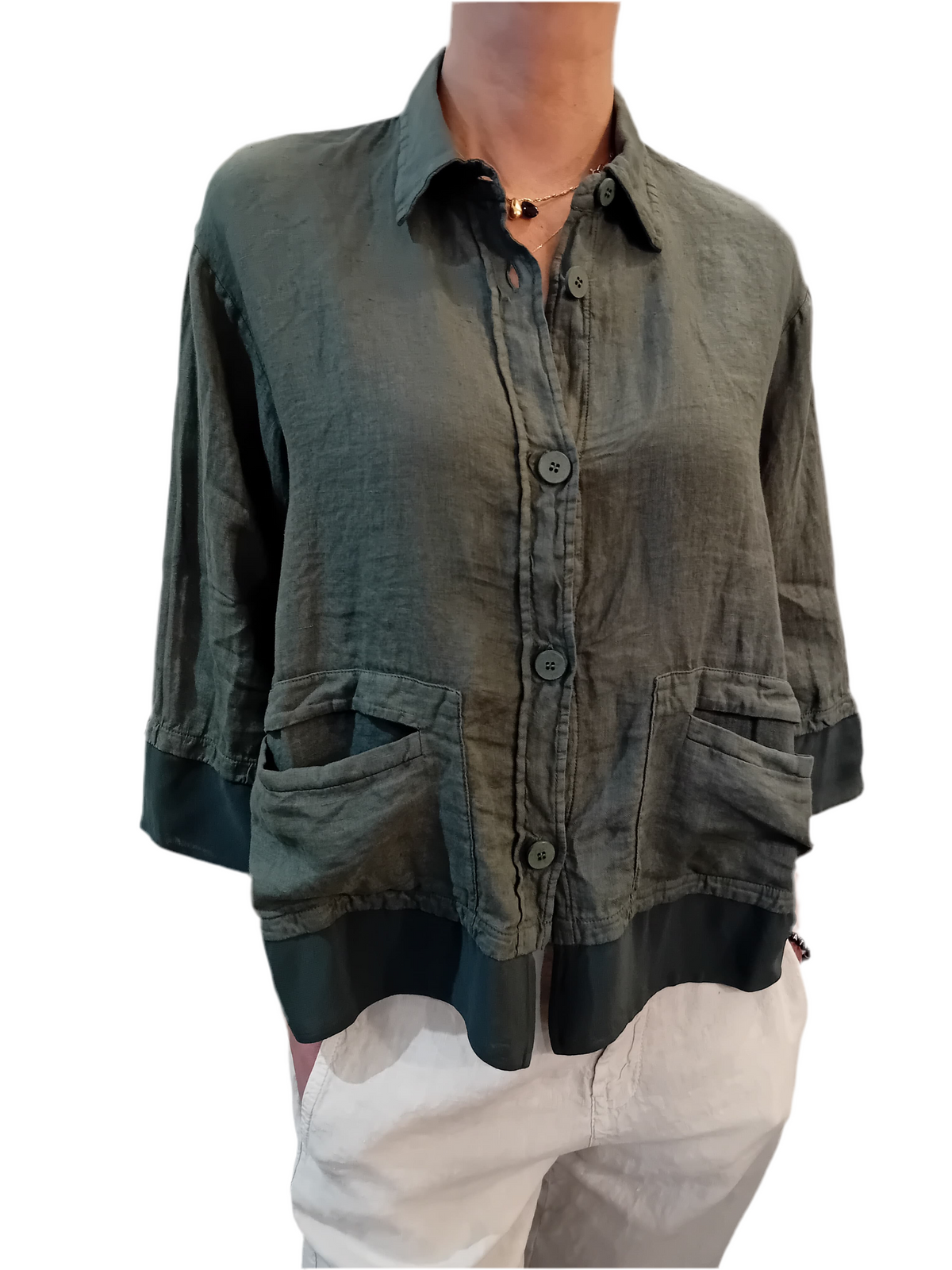 Transit 3/4 sleeve linen jacket with viscose georgette inserts