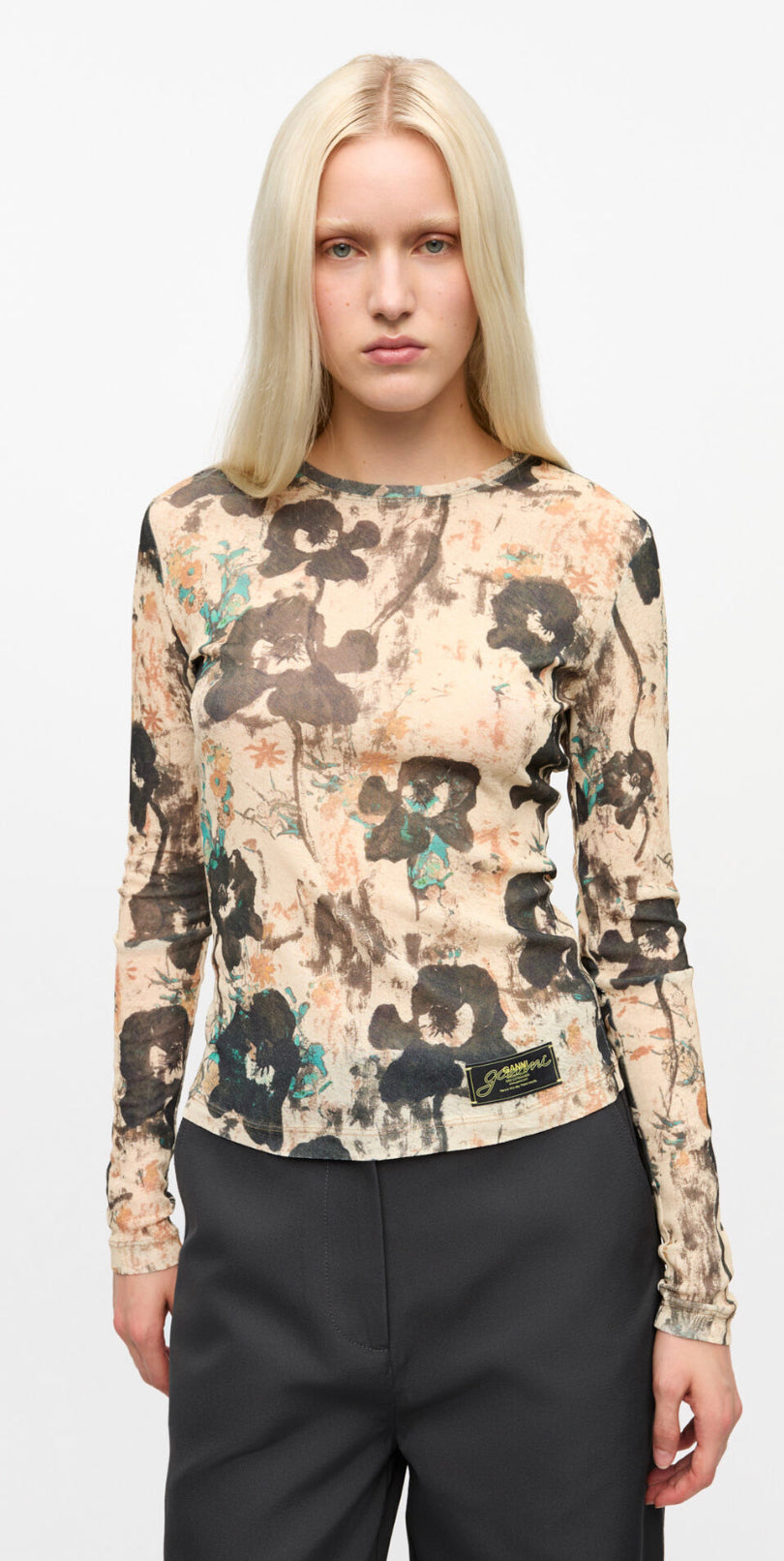 Ganni Printed Marl Mesh Long Sleeve Top