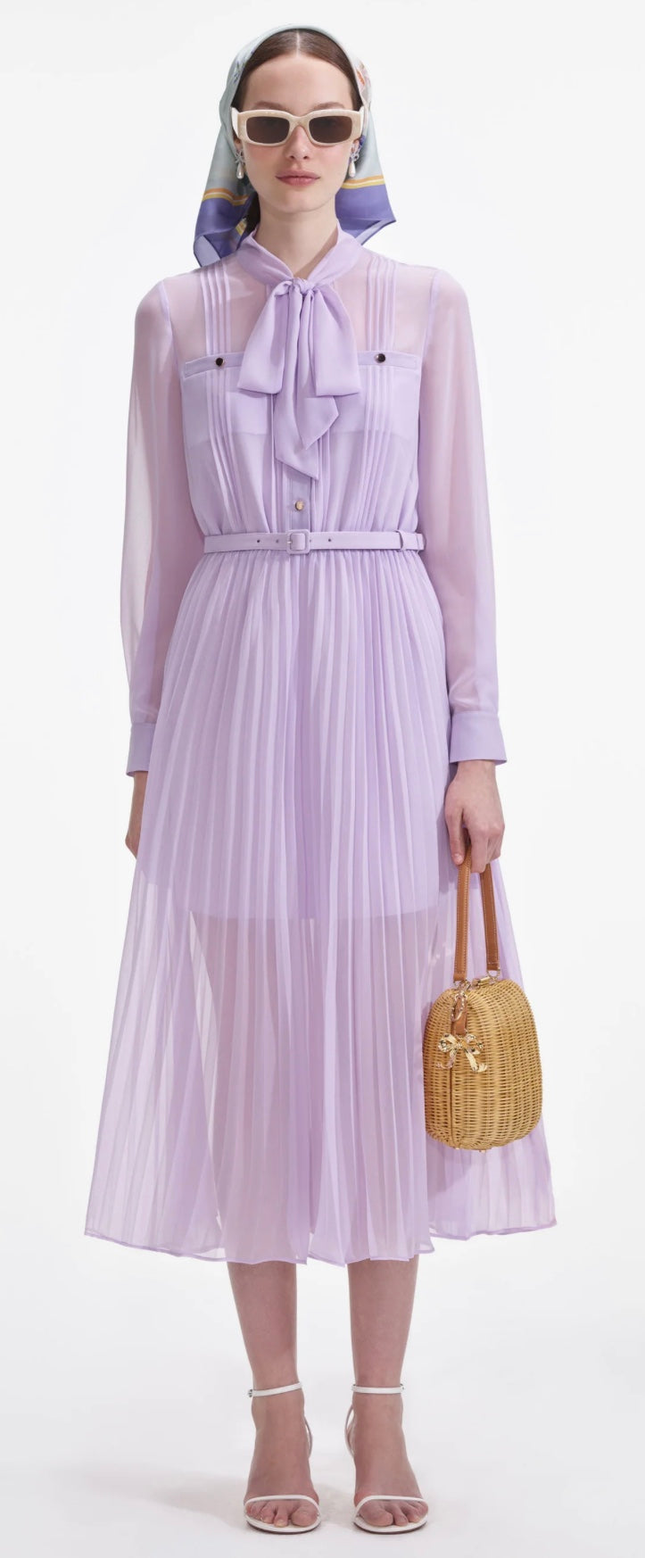 Self Portrait Lilac Chiffon Pussy Bow Midi Dress